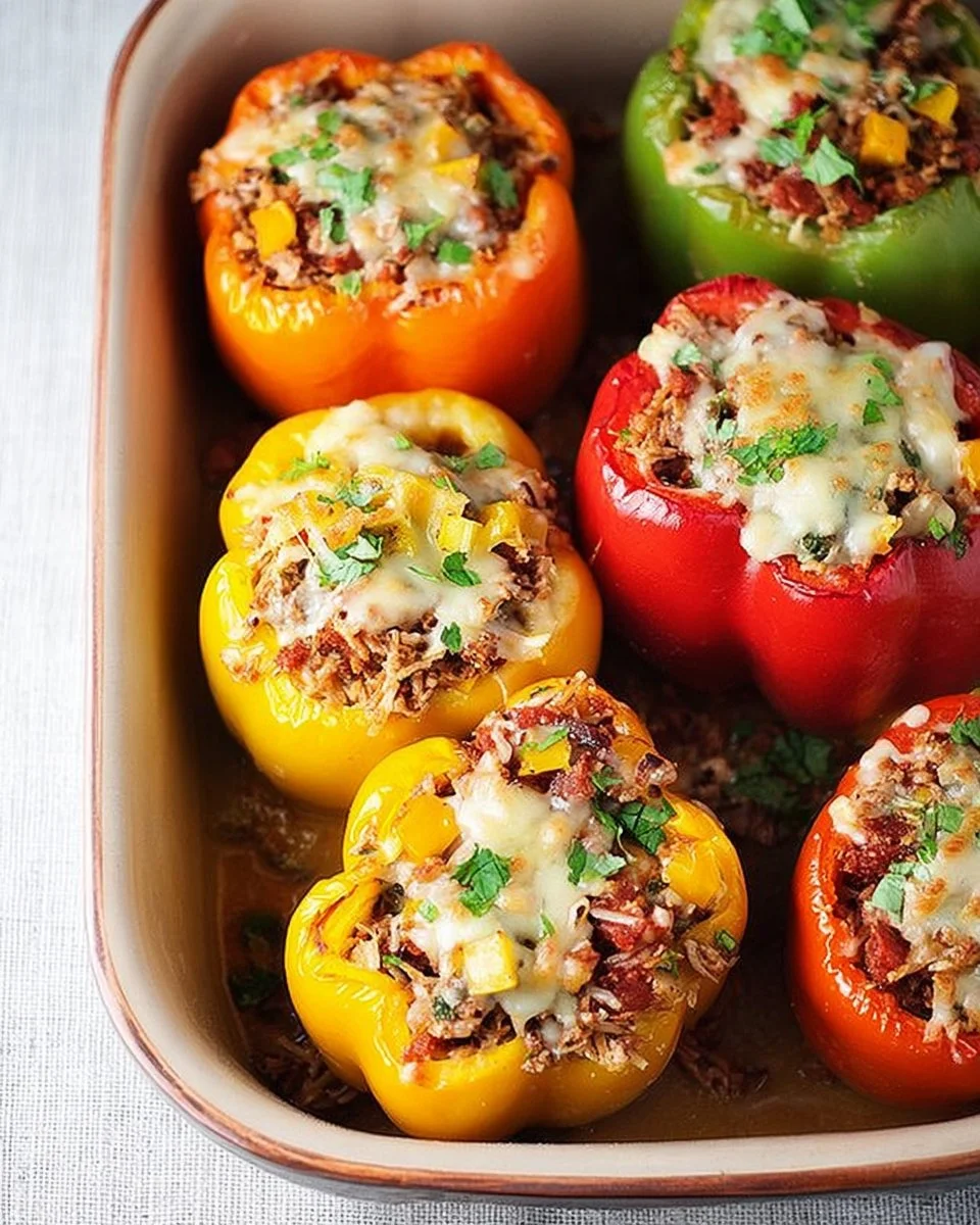 Delicious stuffed bell peppers filled with a high-protein mixture for a healthy meal.