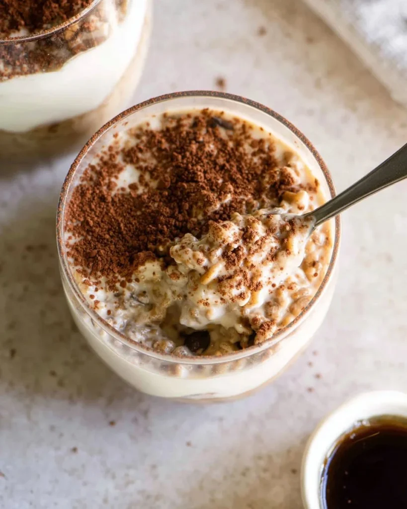 Delicious tiramisu overnight oats served in a mason jar with cocoa and coffee