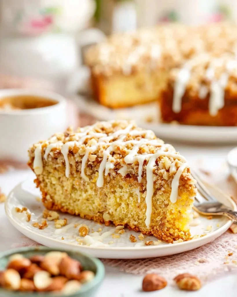 Toffee Almond Coffee Cake topped with almonds and toffee bits