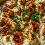Turkish chicken served with creamy white sauce on a plate