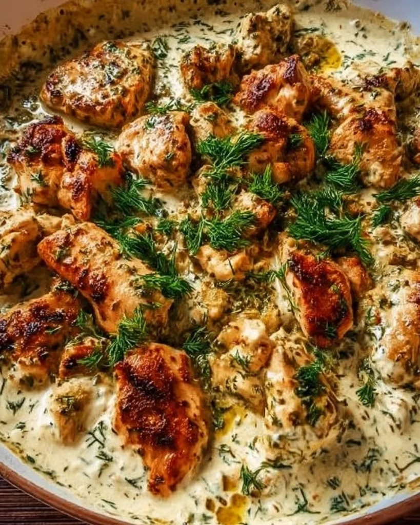 Turkish chicken served with creamy white sauce on a plate