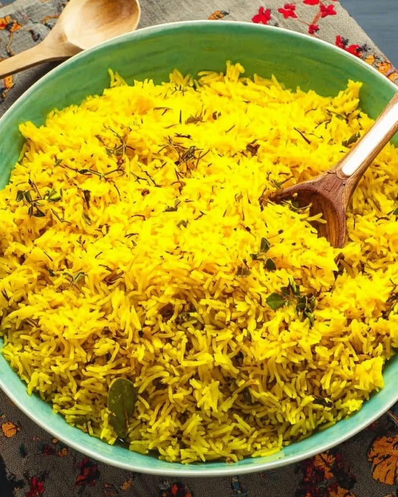 Bowl of vibrant turmeric rice garnished with herbs, a healthy meal prep option.