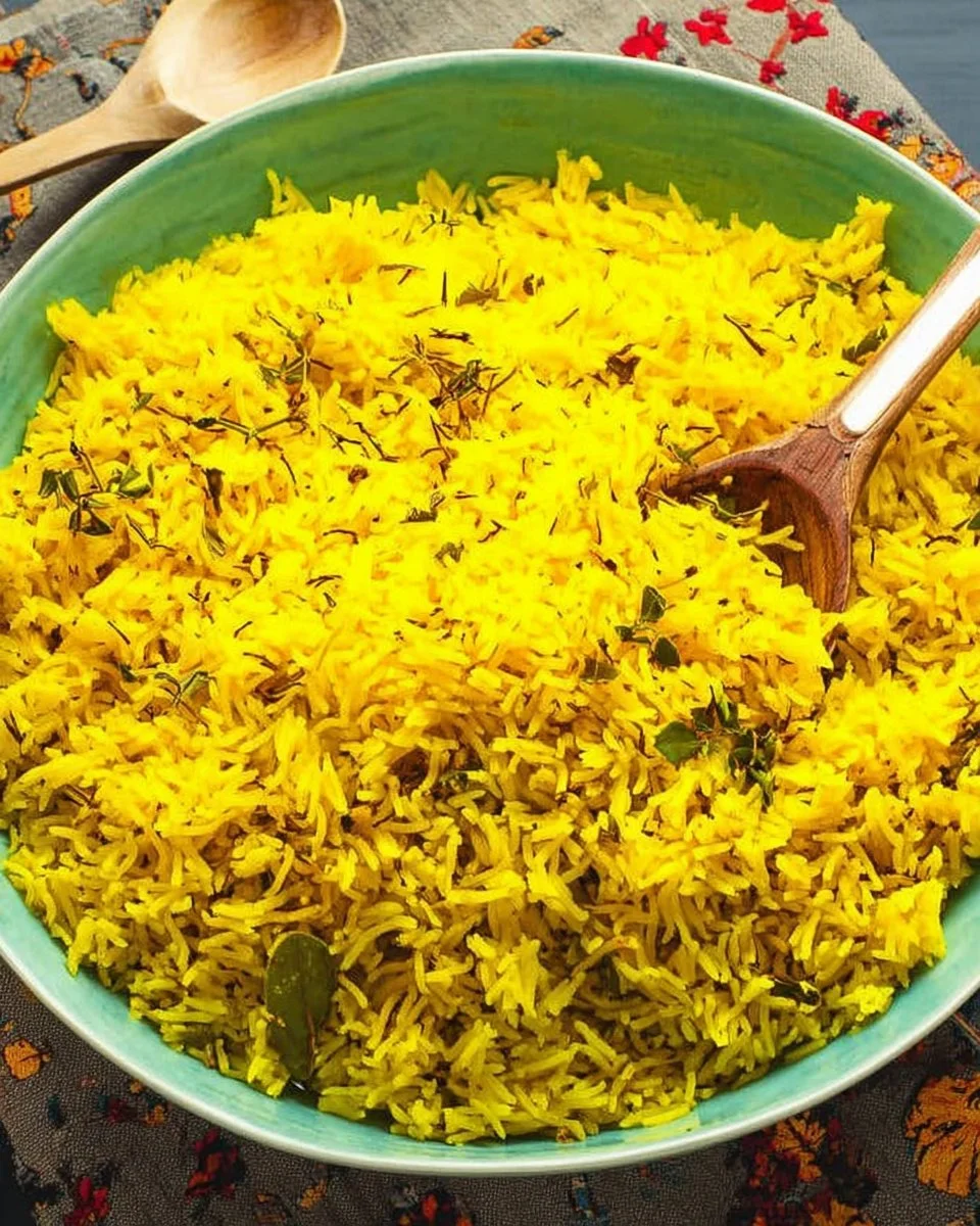 Bowl of vibrant turmeric rice garnished with herbs, a healthy meal prep option.