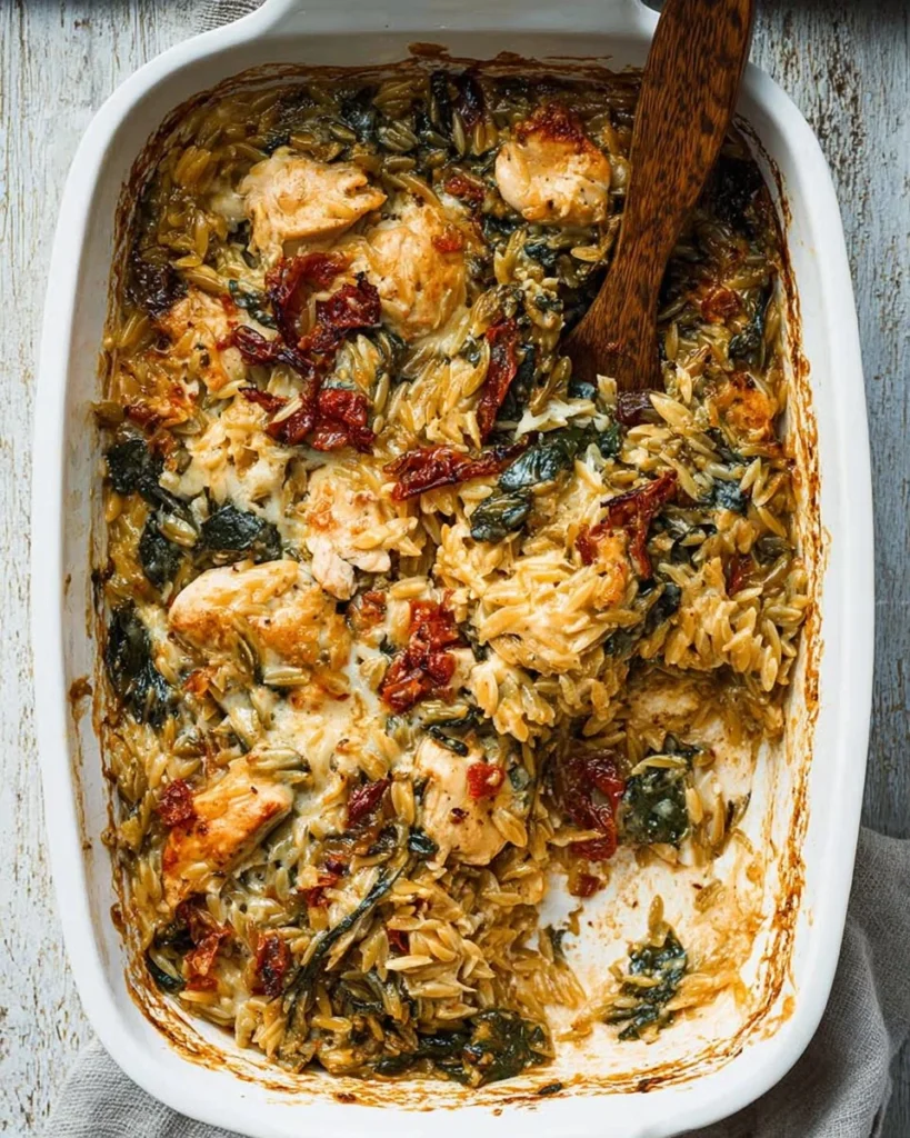 Delicious Tuscan Chicken Orzo Bake in a rustic dish, perfect for family meals.