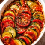 Zucchini tomato gratin with layers of zucchini, tomatoes, and melted cheese.