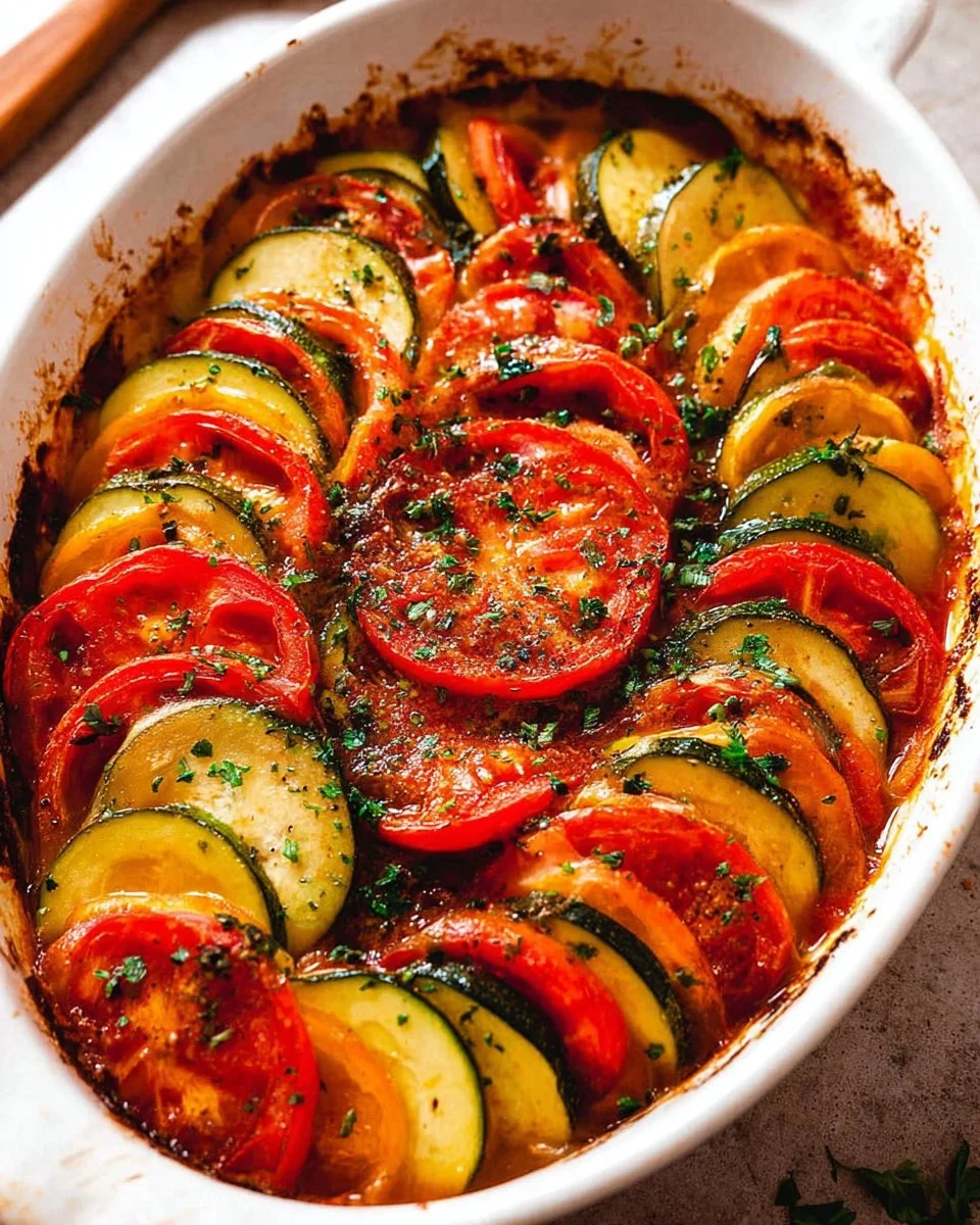 Zucchini tomato gratin with layers of zucchini, tomatoes, and melted cheese.