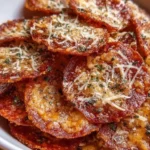 Air Fryer Pepperoni Pizza Chips on a plate, a crunchy and healthy snack option.