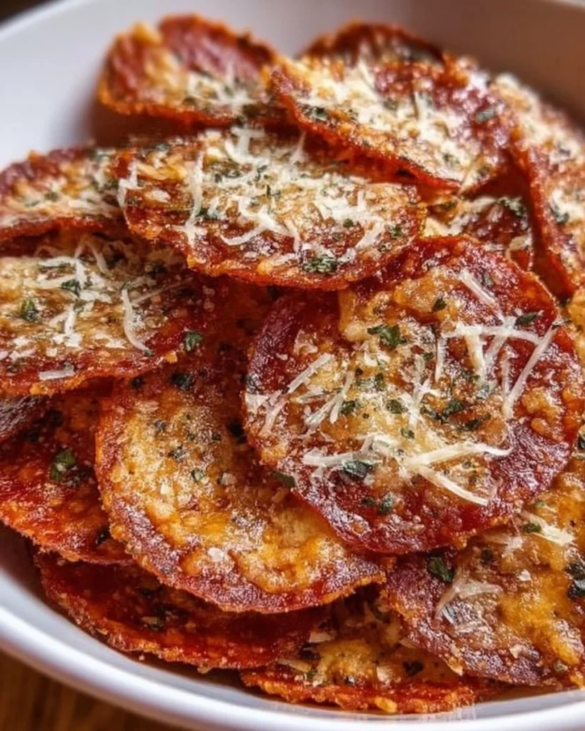 Air Fryer Pepperoni Pizza Chips on a plate, a crunchy and healthy snack option.