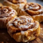 Freshly baked apple pie cinnamon rolls topped with icing and cinnamon