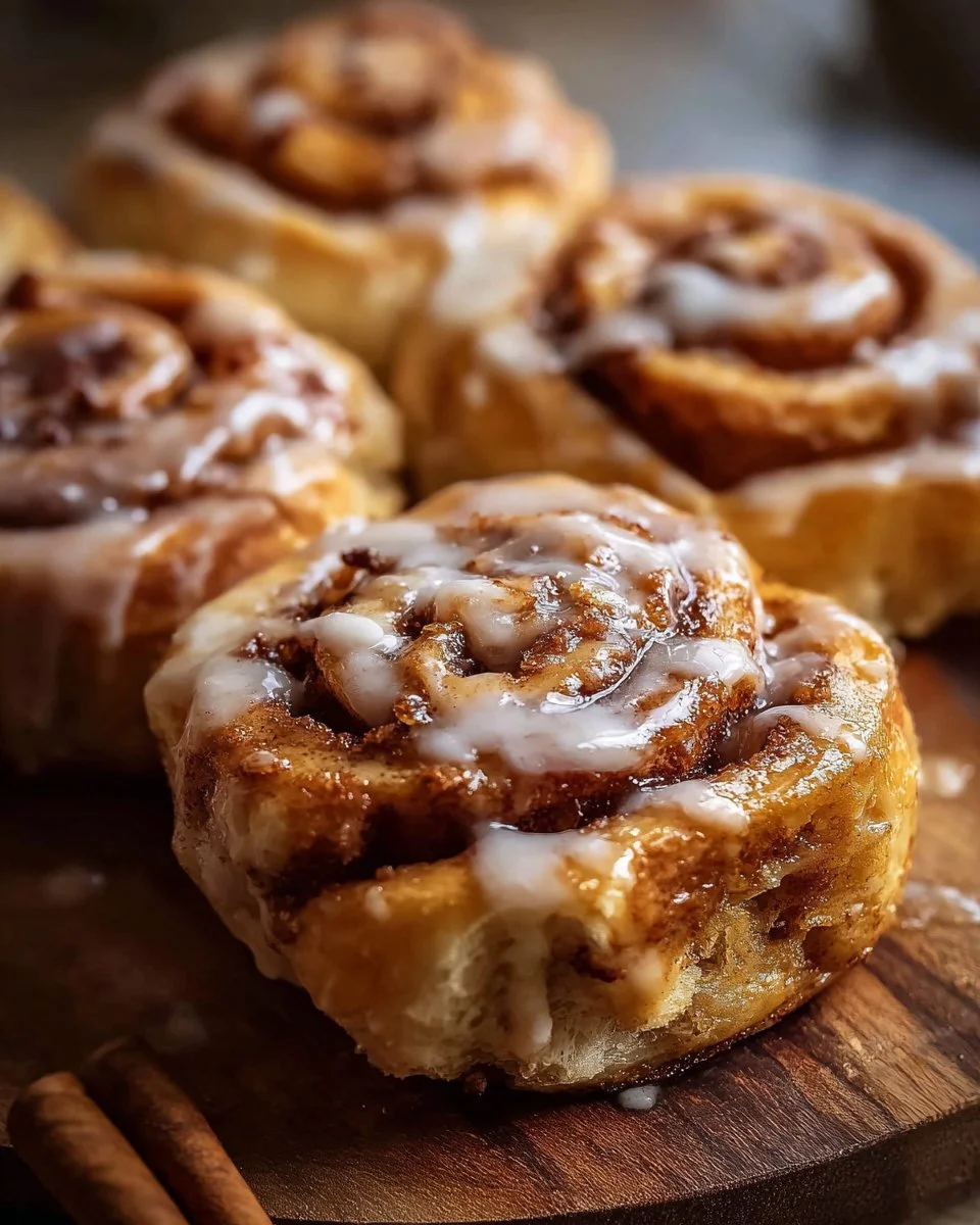 Freshly baked apple pie cinnamon rolls topped with icing and cinnamon