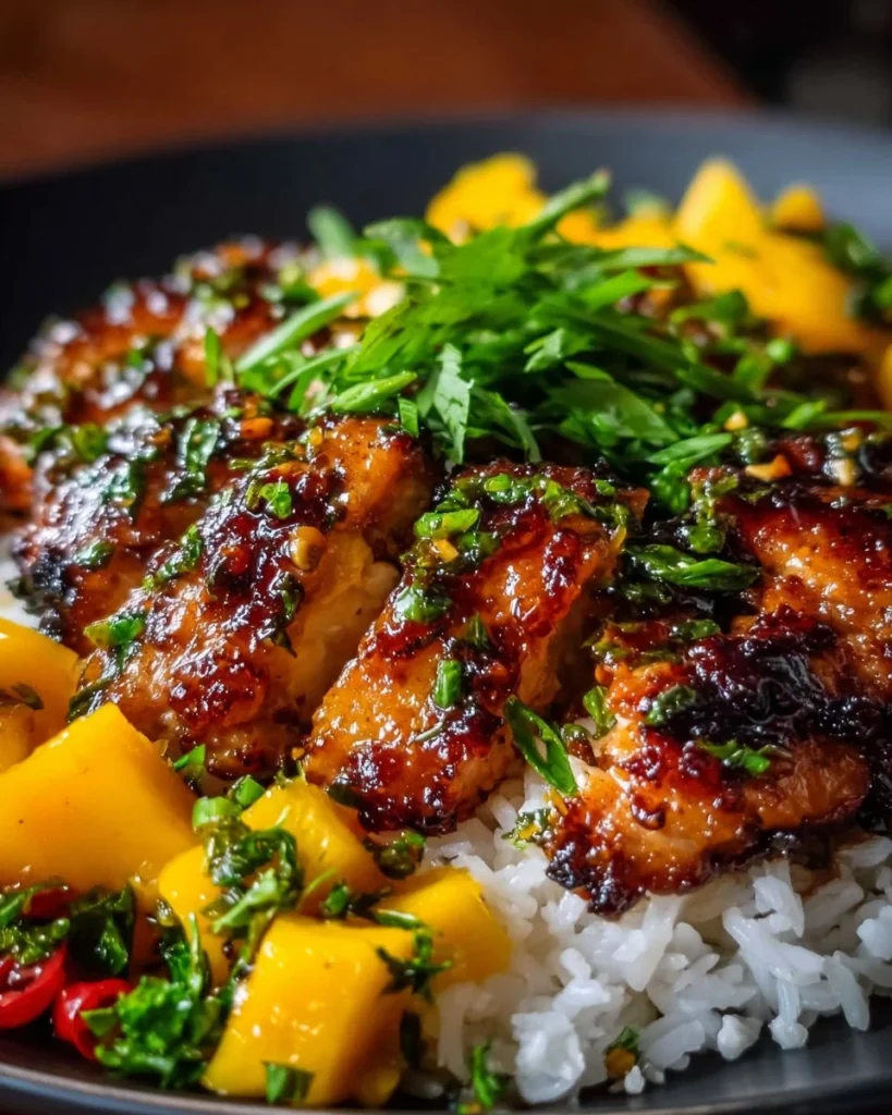 Asian Mango Glazed Chicken dish with vibrant mango glaze and garnishes