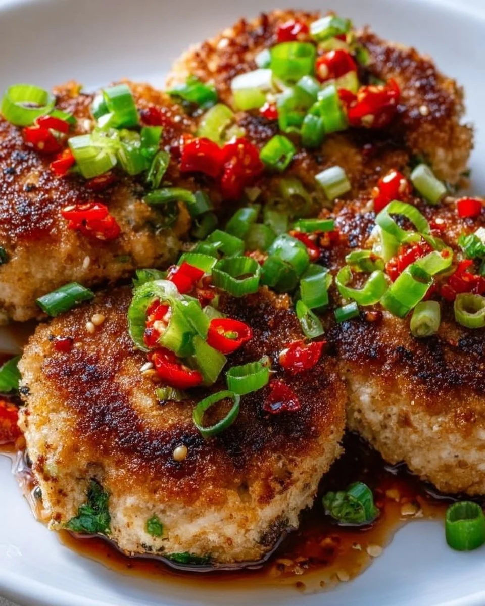 Asian-style tuna cakes garnished with spicy mayo on a plate.