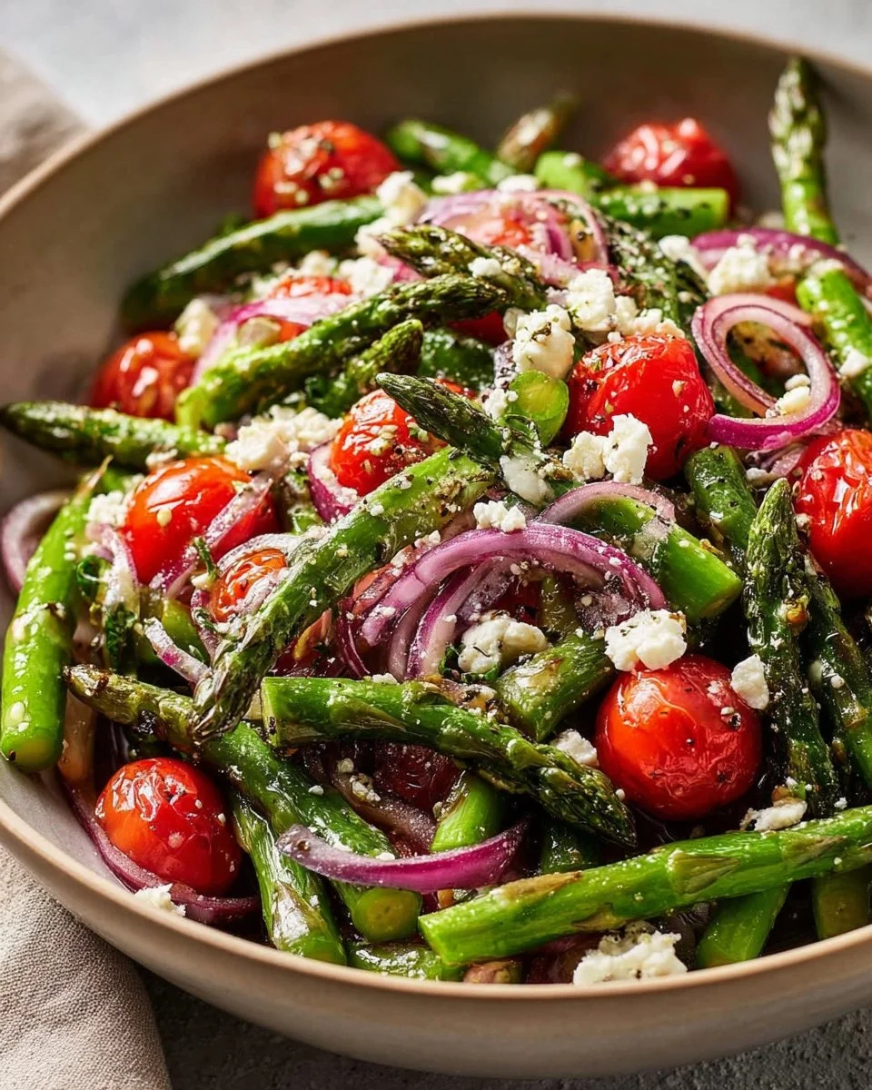 Asparagus salad topped with feta and cherry tomatoes in a bowl