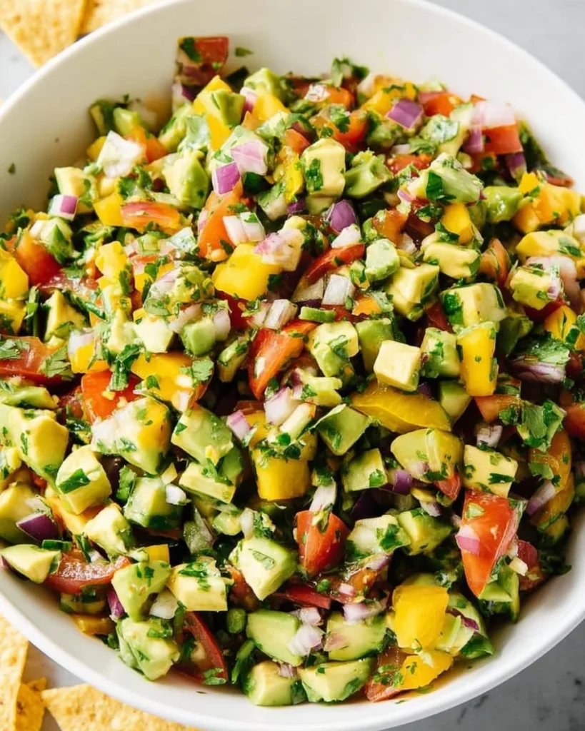 Hearty avocado salsa bowl topped with fresh ingredients and served with tortilla chips.