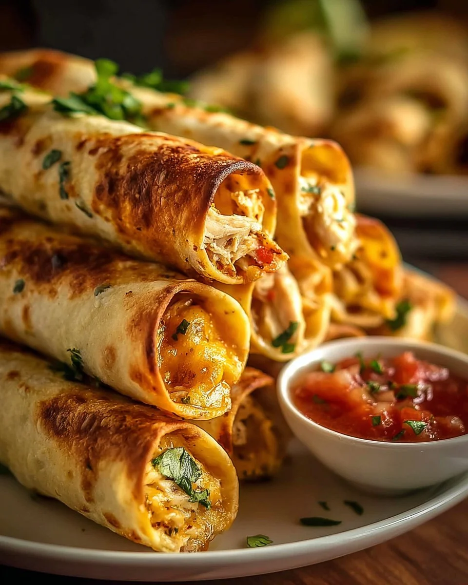 Delicious baked chicken taquitos served with dipping sauce on a plate.