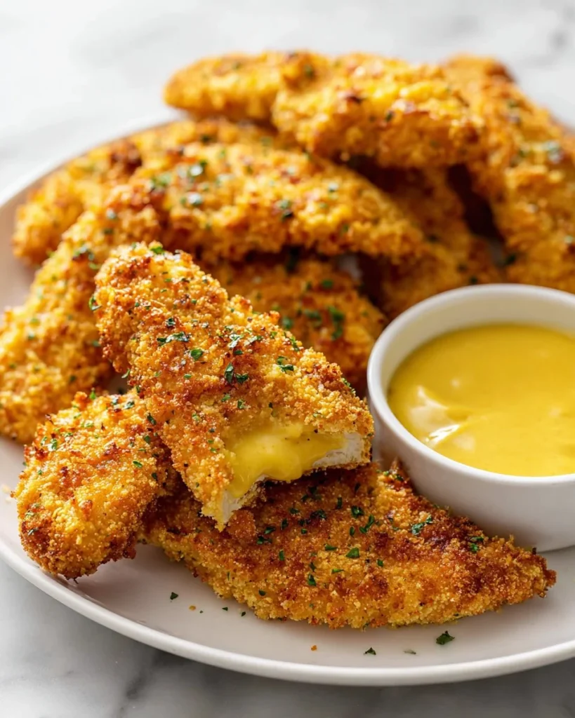 Delicious baked chicken tenders served with a side of dipping sauce.