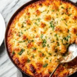 Delicious baked gnocchi topped with cheese and herbs in a ceramic dish