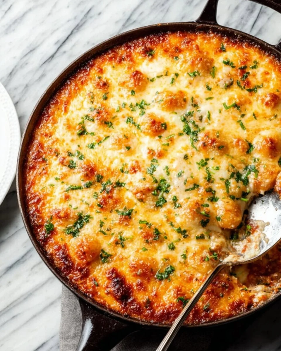 Delicious baked gnocchi topped with cheese and herbs in a ceramic dish