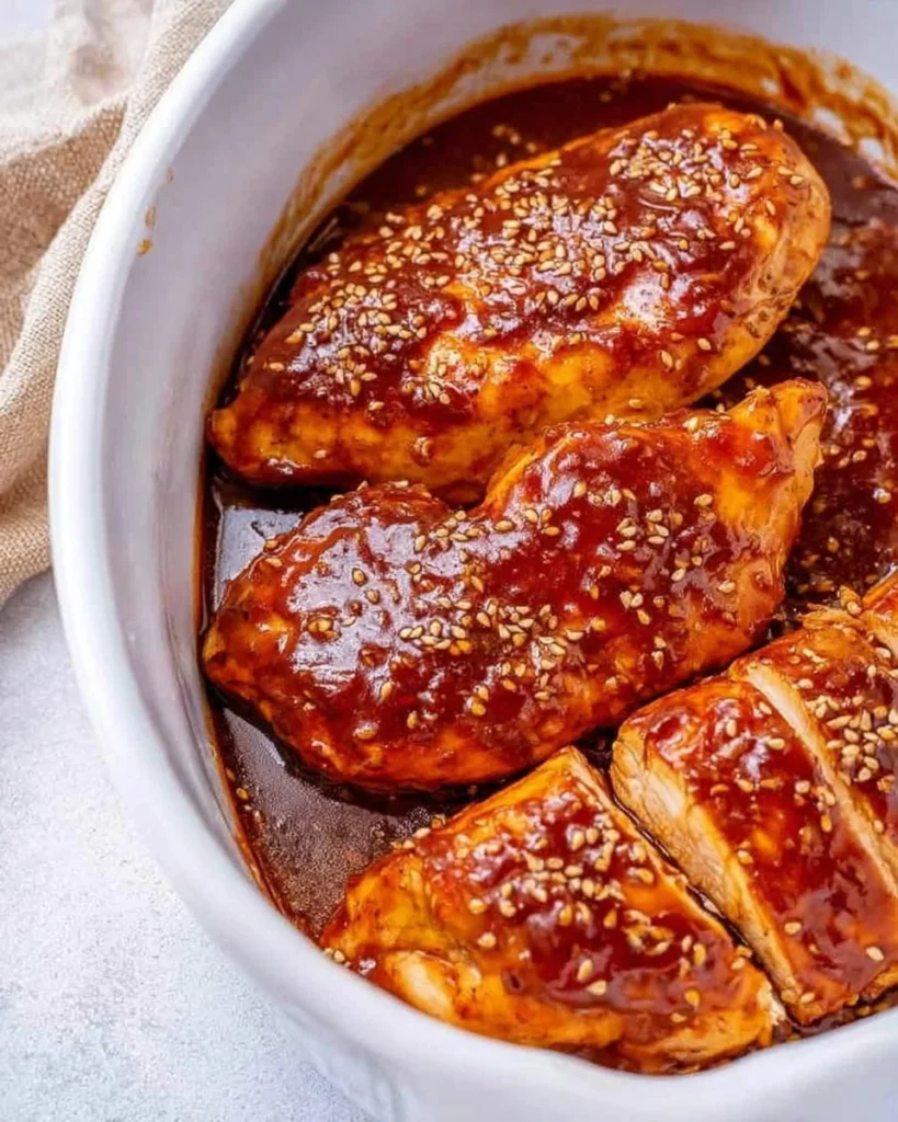 Baked Honey Sriracha Chicken Breast garnished with herbs on a plate