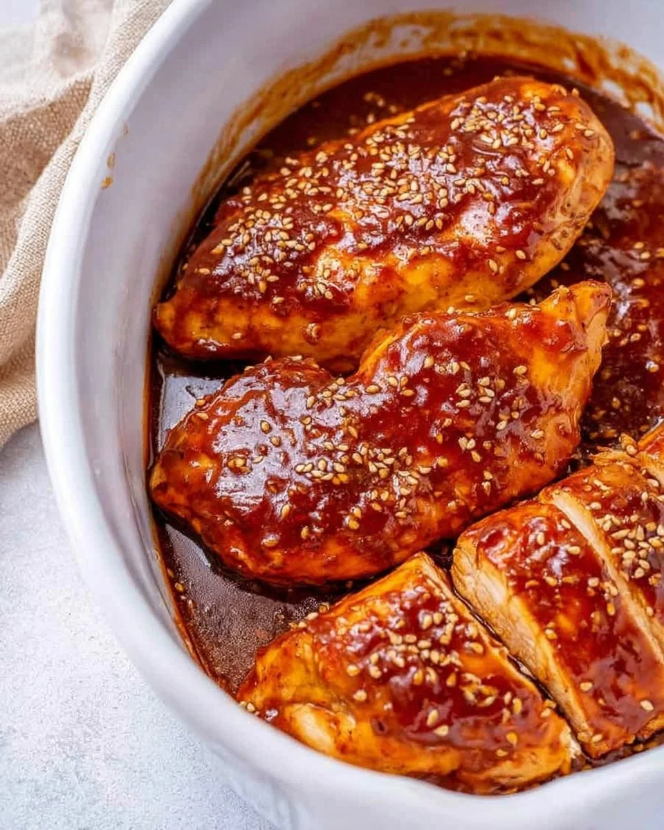 Baked Honey Sriracha Chicken Breast garnished with herbs on a plate