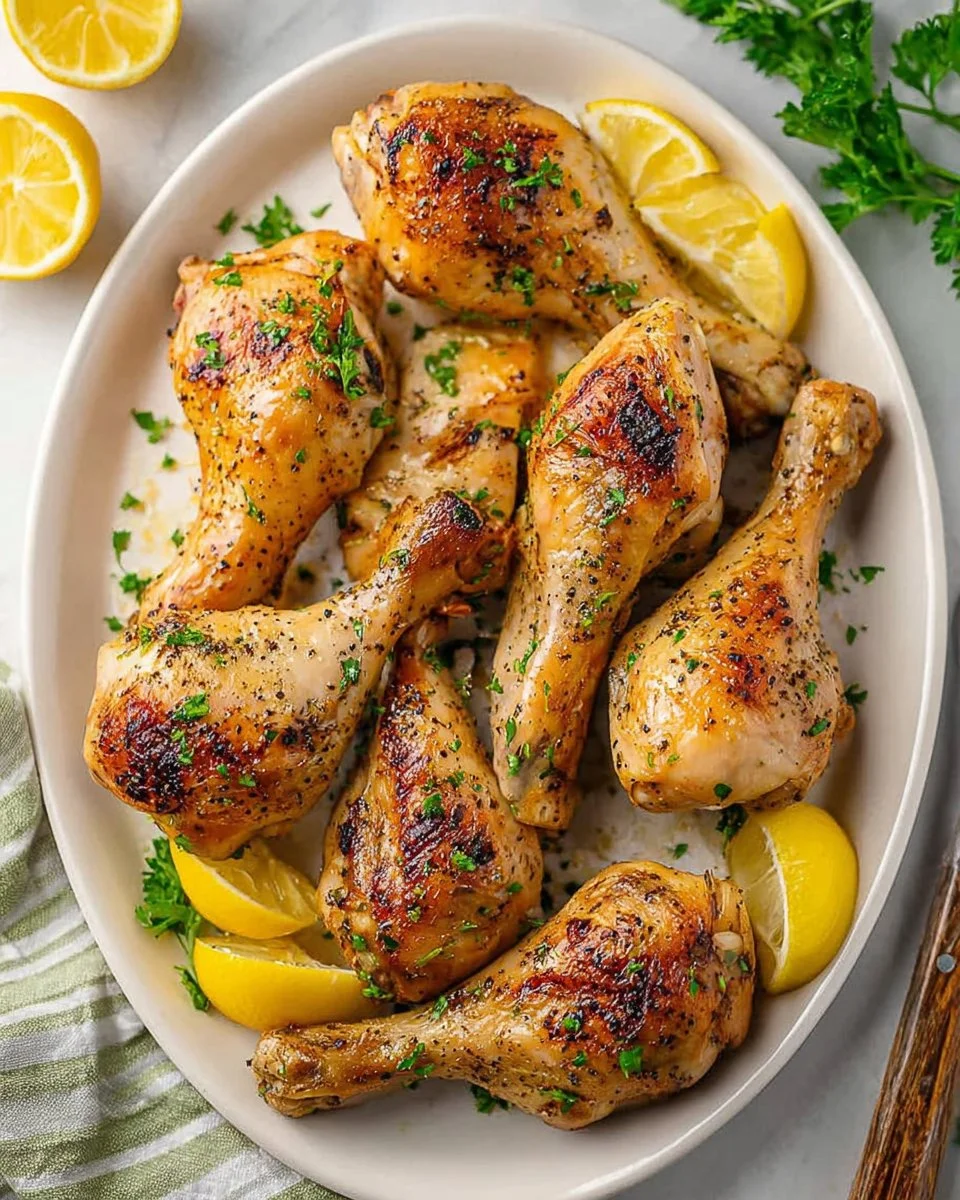 Juicy baked lemon pepper chicken garnished with herbs and lemon slices