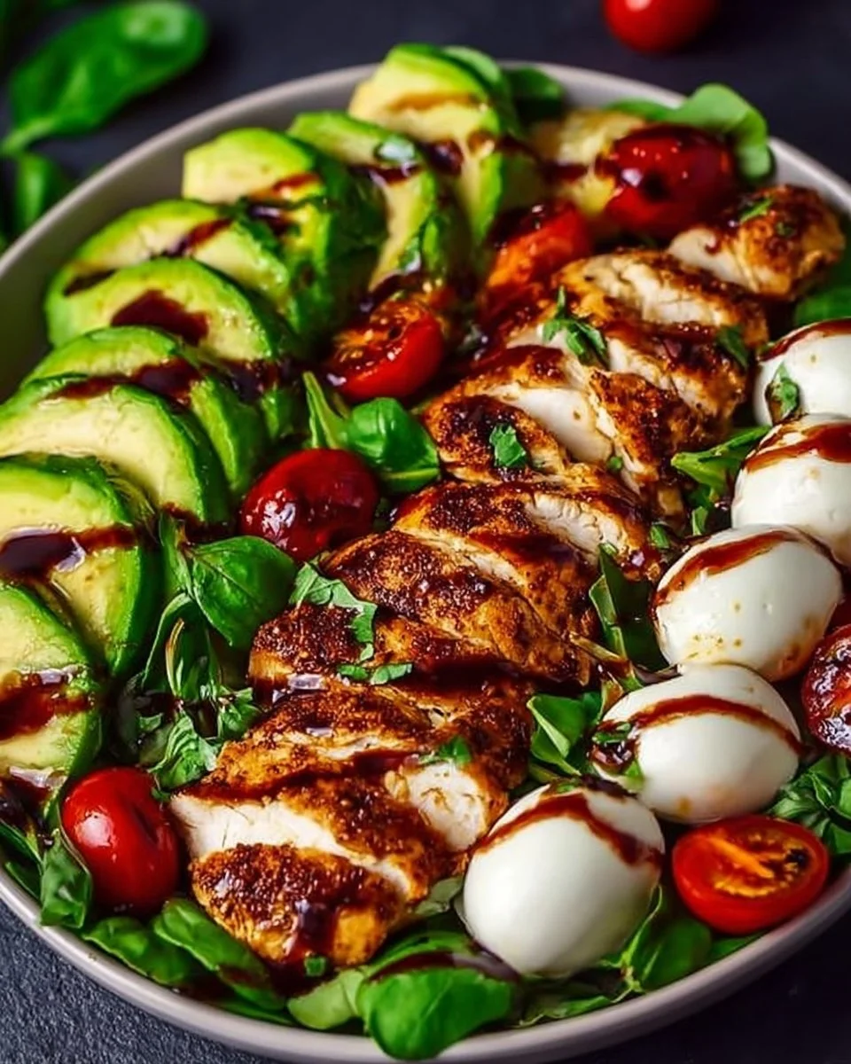 Baked marinated chicken salad topped with mozzarella and drizzled with balsamic vinaigrette.