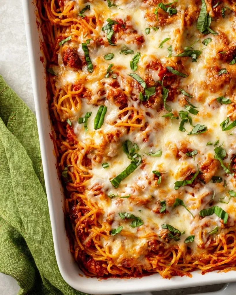 Baked spaghetti with cream cheese in a casserole dish, topped with melted cheese.