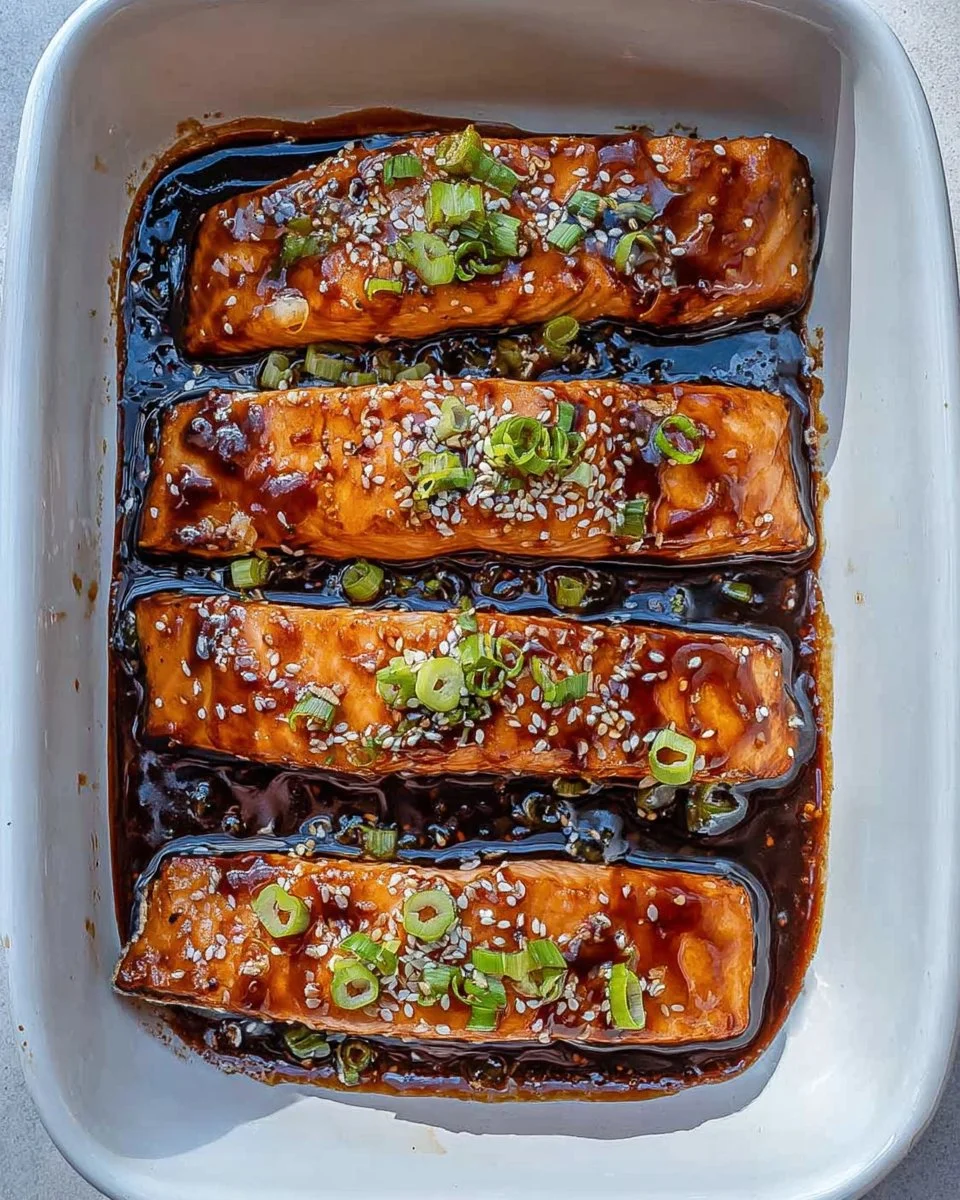 Baked teriyaki salmon served on a plate with vegetables.