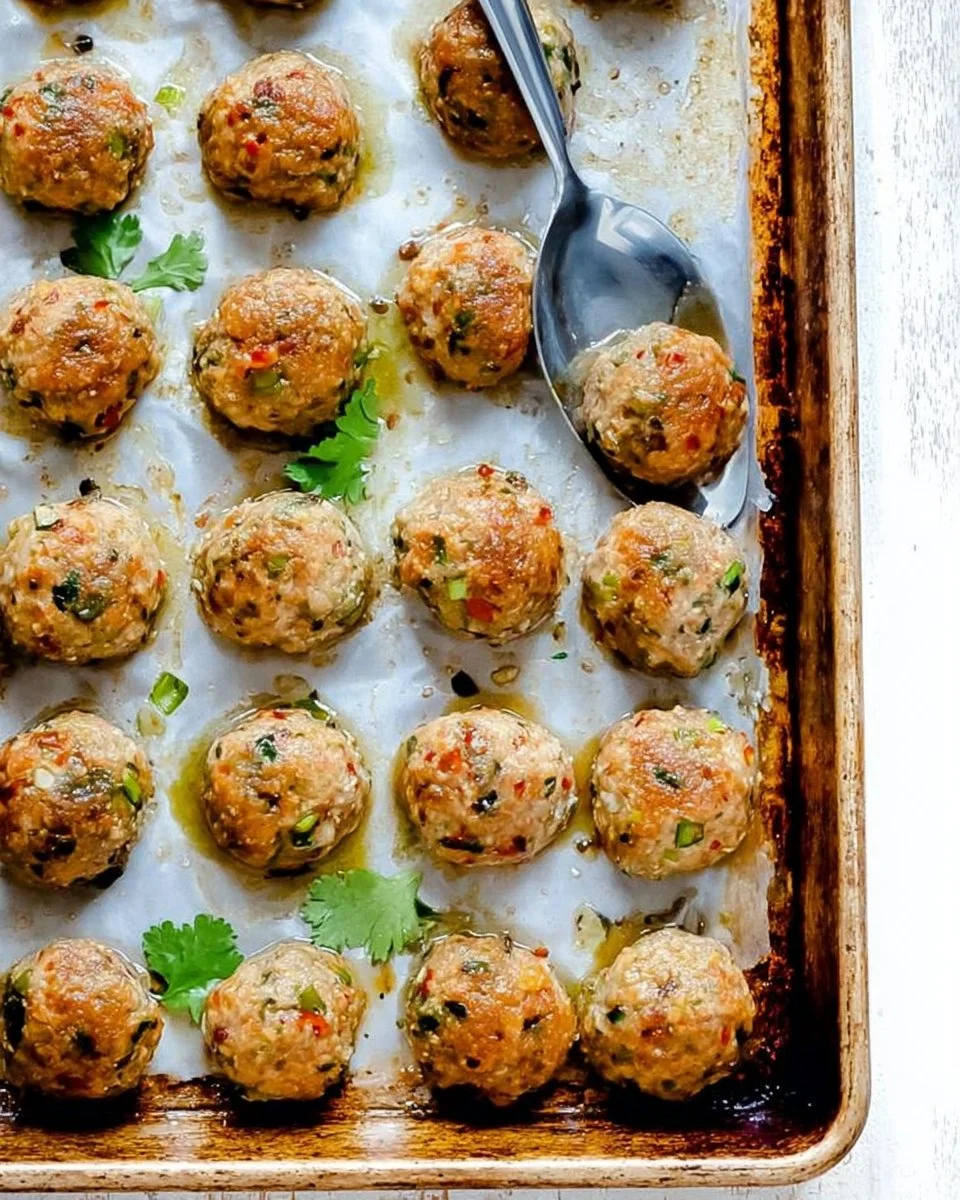 Baked Thai turkey meatballs served with dipping sauce and garnished with cilantro.