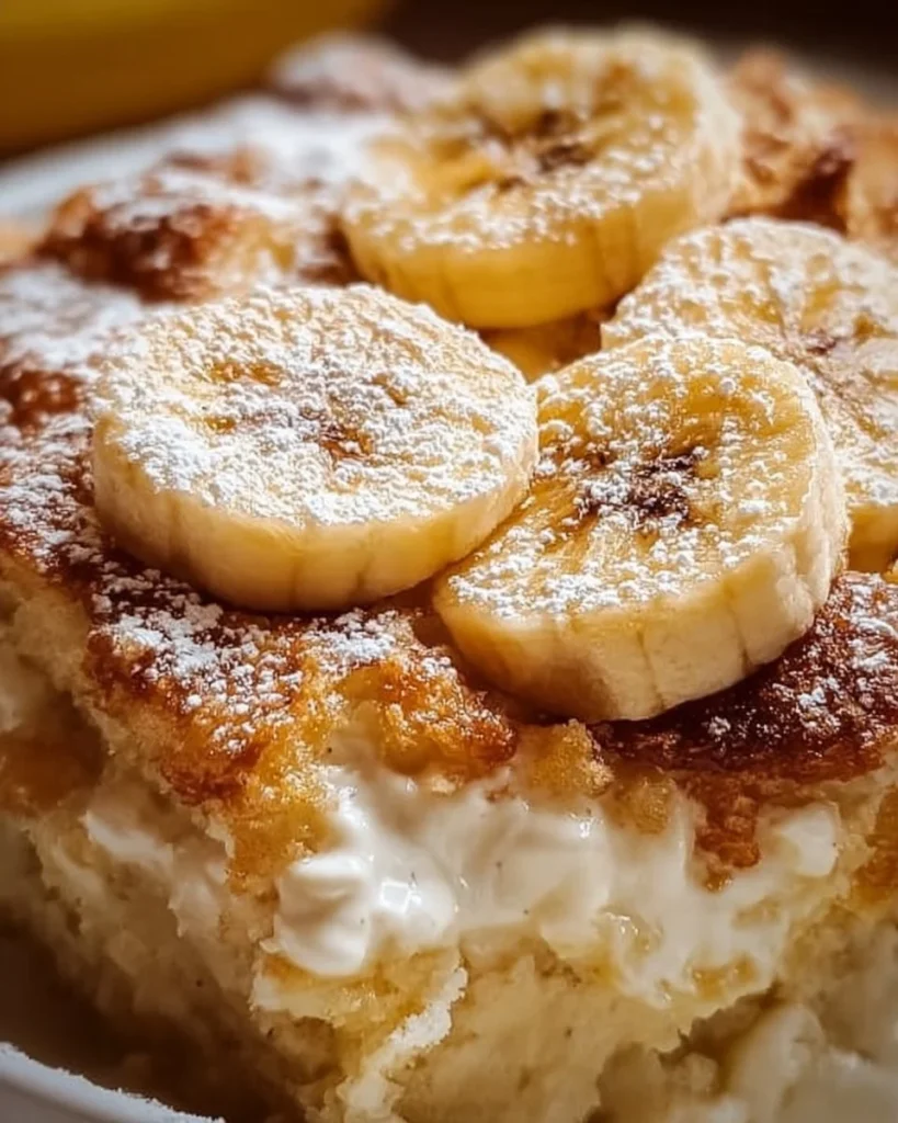A delicious serving of Banana Cream Cheese Cobbler topped with fresh bananas