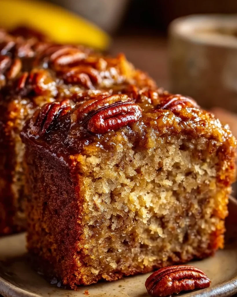 Slice of moist Banana Pecan Cake topped with pecans and banana slices