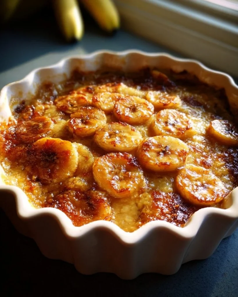 Delicious Bananas Foster Cobbler served in a warm dish with caramel sauce