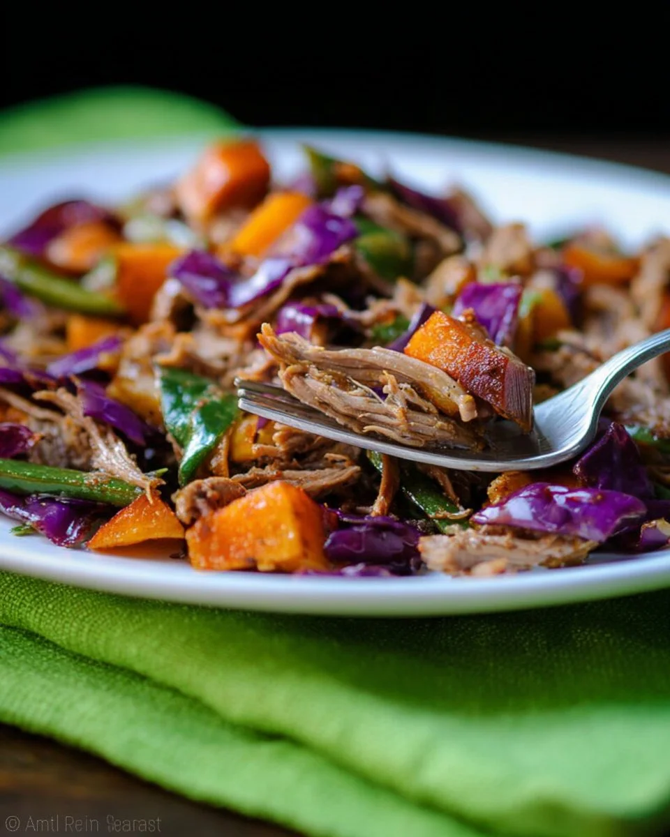 Delicious BBQ brisket hash with potatoes, peppers, and onions on a plate