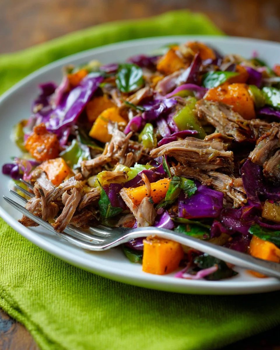 A delicious plate of BBQ brisket hash with crispy potatoes and seasonings.