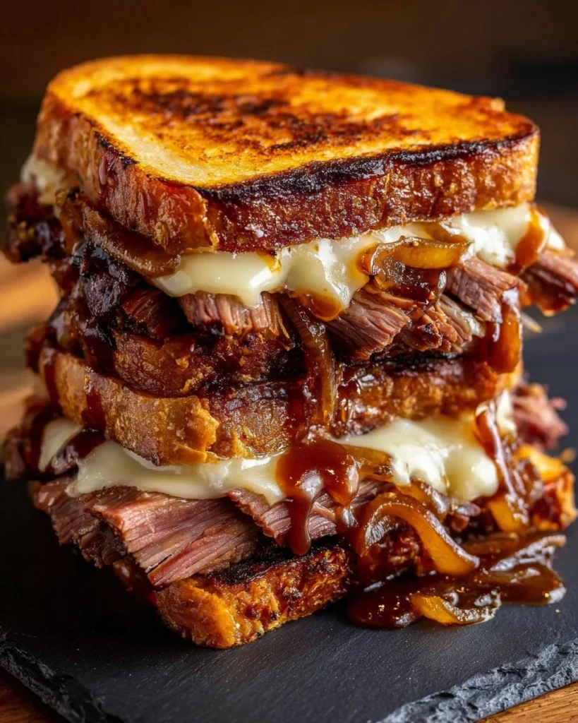BBQ brisket melt sandwich with gooey cheese and tender brisket on a bun