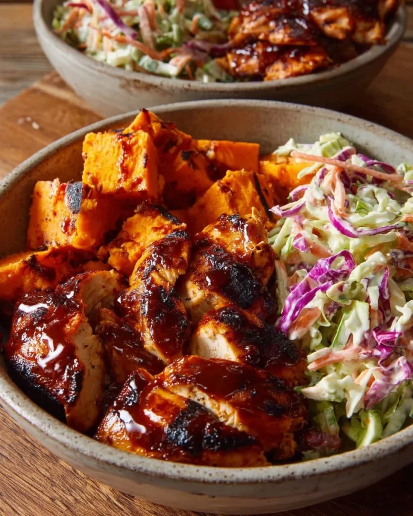 Delicious BBQ chicken bowls topped with fresh vegetables and sauce
