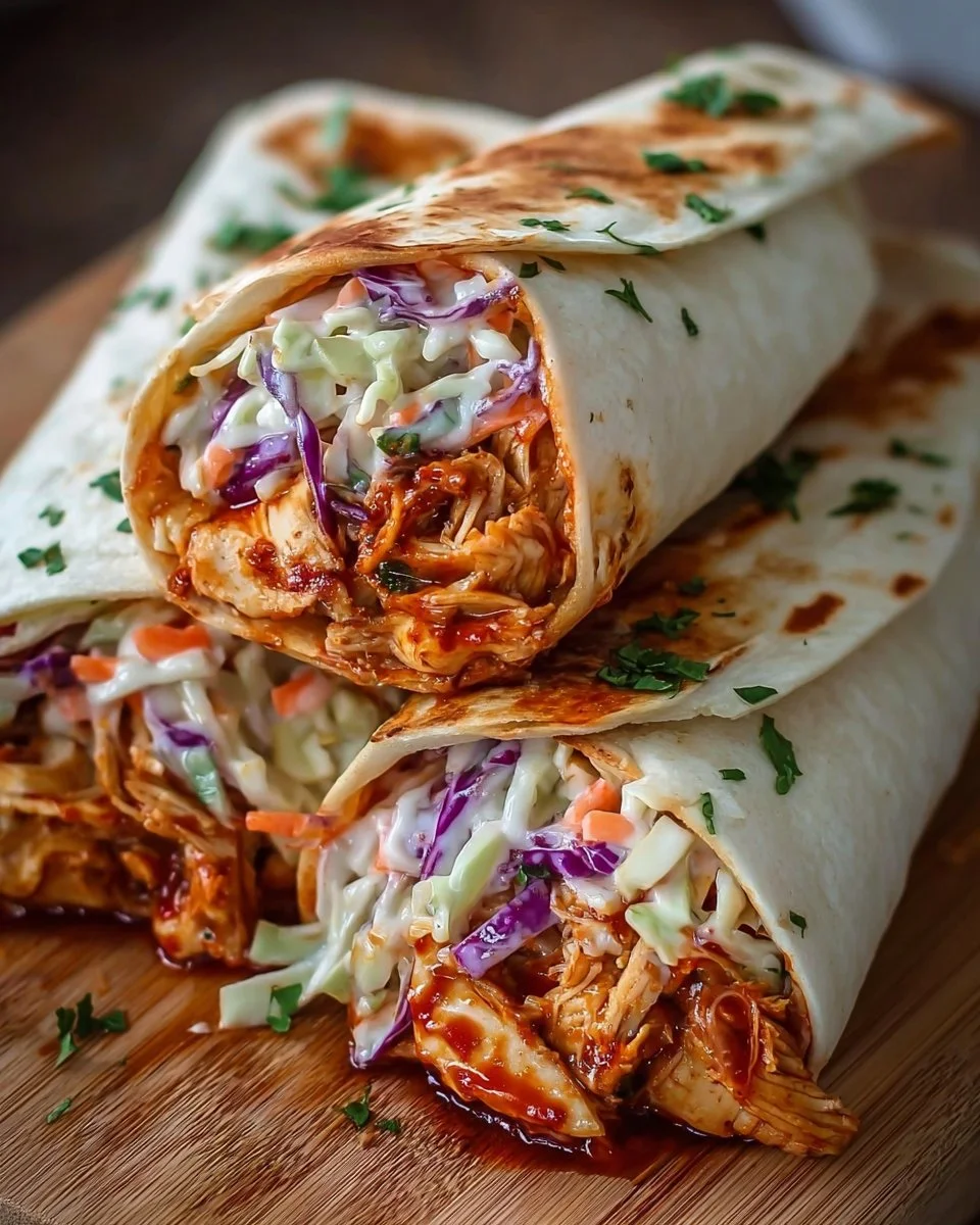 BBQ chicken wraps filled with coleslaw on a wooden table