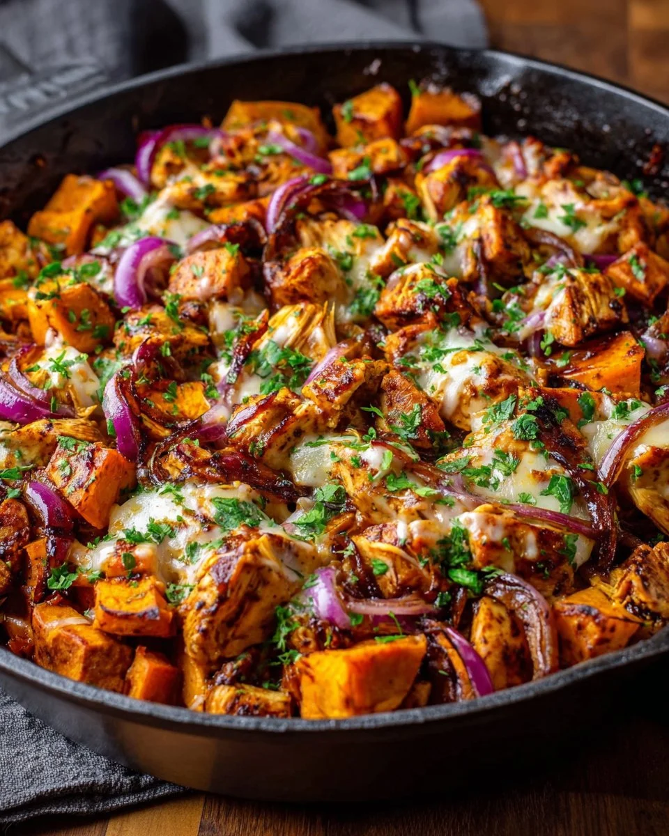 BBQ chicken sweet potato skillet in a frying pan, easy dinner recipe