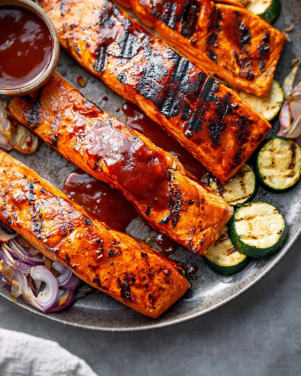Grilled BBQ salmon fillet garnished with herbs and lemon slices