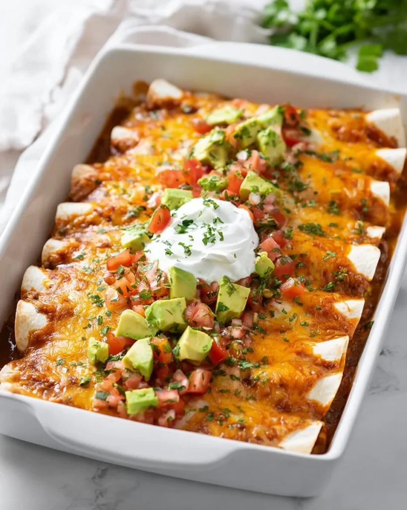 Delicious beef enchiladas topped with cheese and fresh ingredients on a plate