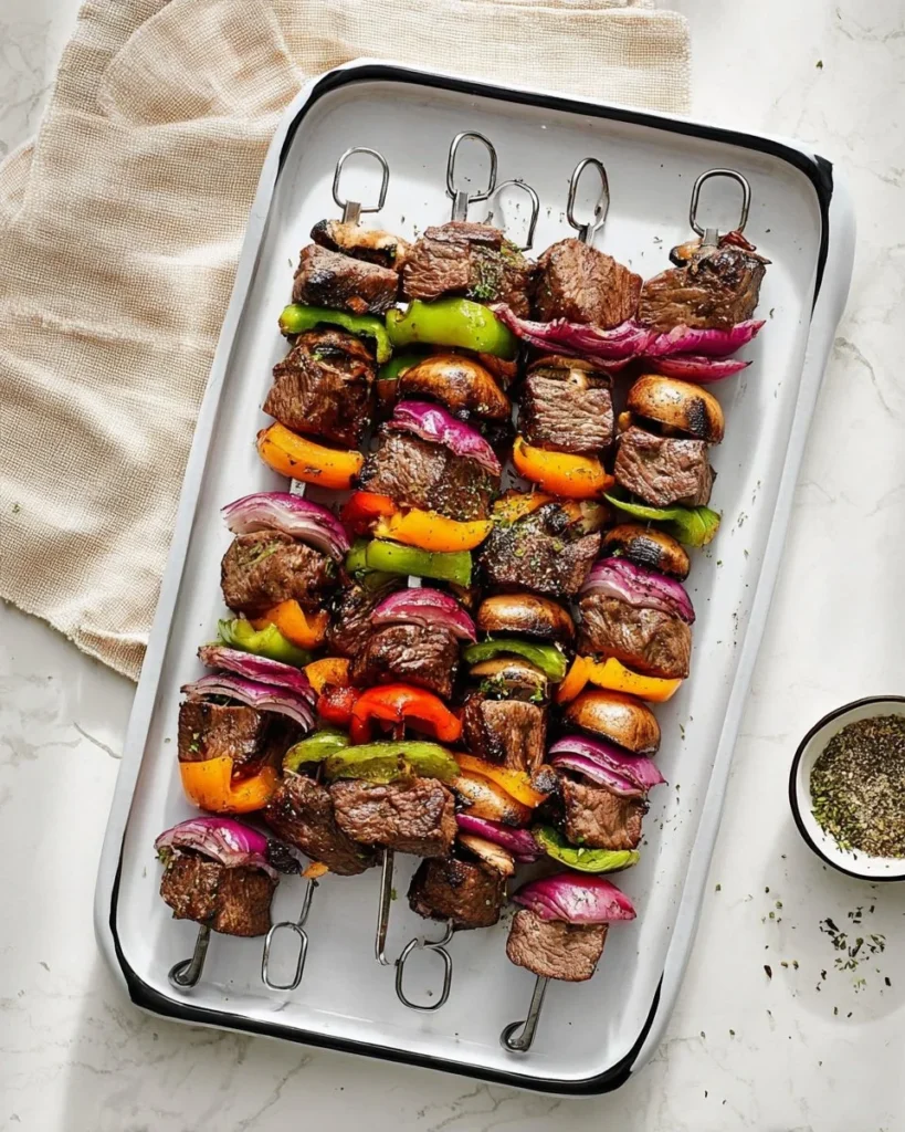 Delicious beef shish kabob skewers ready for grilling