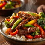 Colorful beef stir fry with vegetables in a skillet, ready to serve.