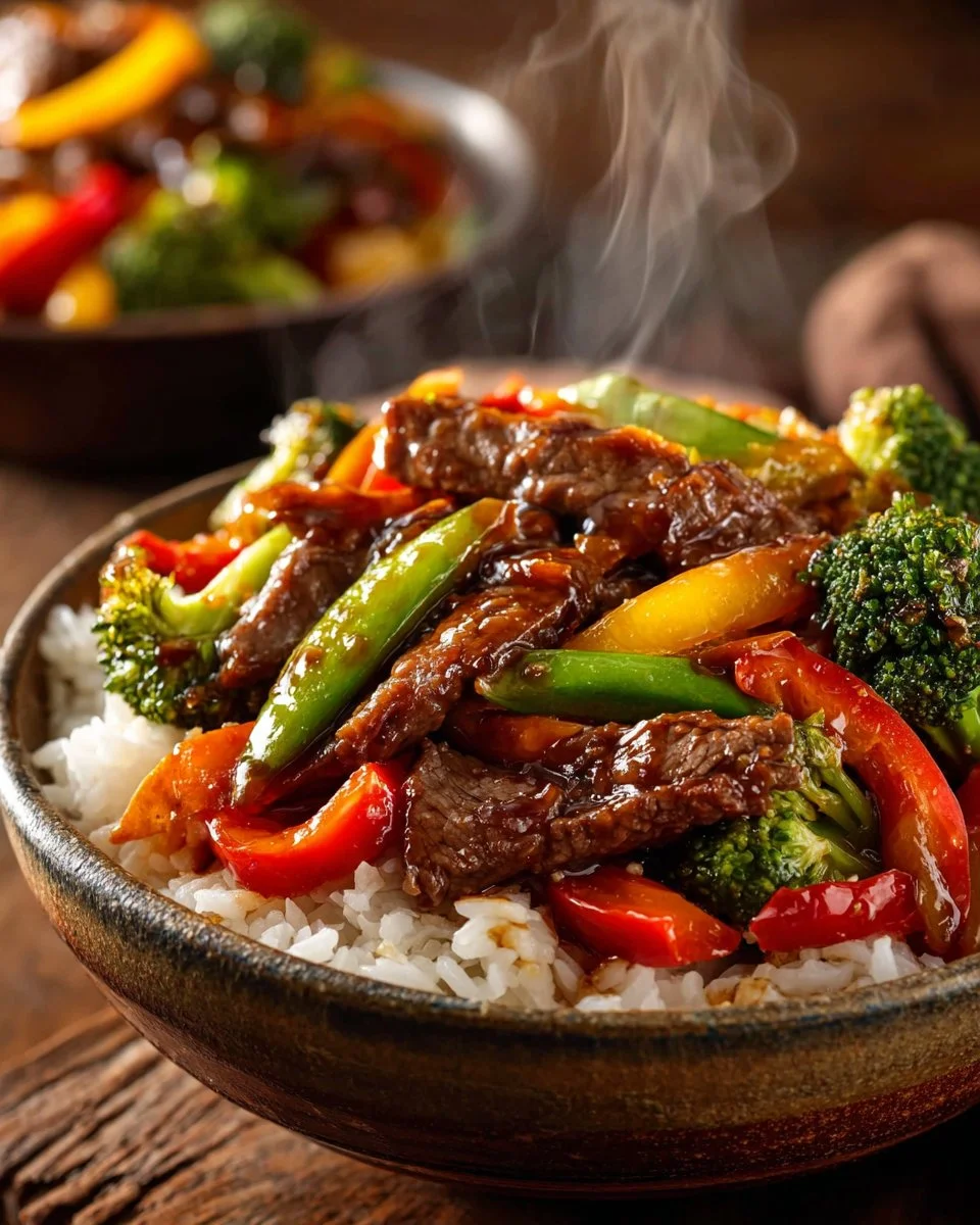 Colorful beef stir fry with vegetables in a skillet, ready to serve.