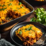 Hearty Beef Tamale Pie topped with cheese and fresh ingredients.