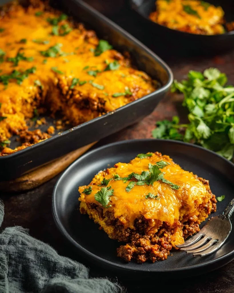 Hearty Beef Tamale Pie topped with cheese and fresh ingredients.