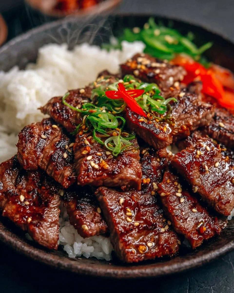 Grilled Beef Yakiniku served with dipping sauce and vegetables