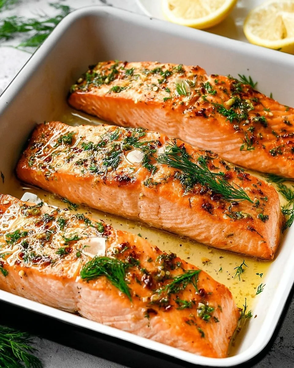 Delicious baked salmon fillet seasoned with garlic and herbs