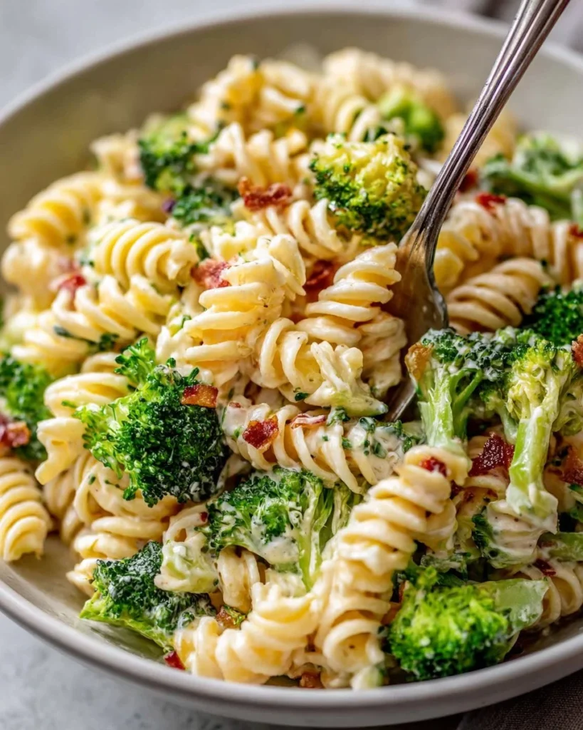 Delicious broccoli pasta salad with vegetables and dressing