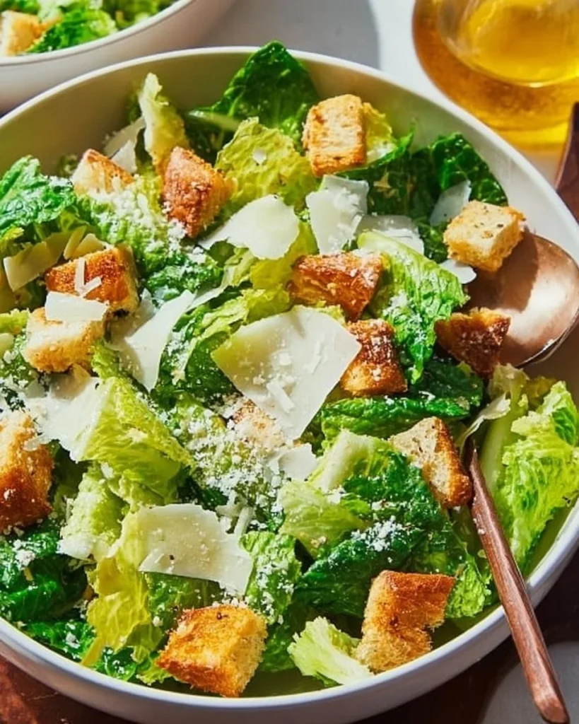 Delicious creamy Caesar Salad garnished with croutons and parmesan cheese
