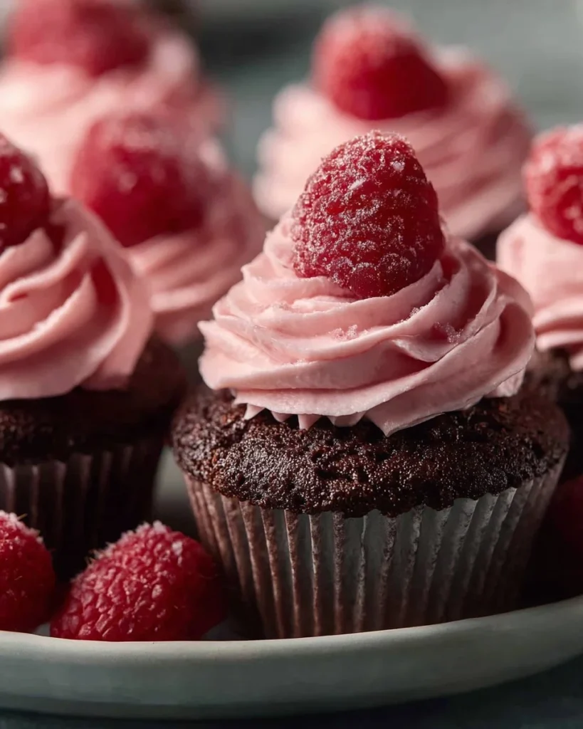 Delicious chocolate raspberry cupcakes topped with fresh raspberries and chocolate frosting.